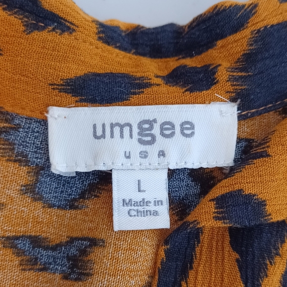 Umgee Leopard Print Collared V-Neck Boho Frayed Hem Sz L Tunic Top - Picture 12 of 15